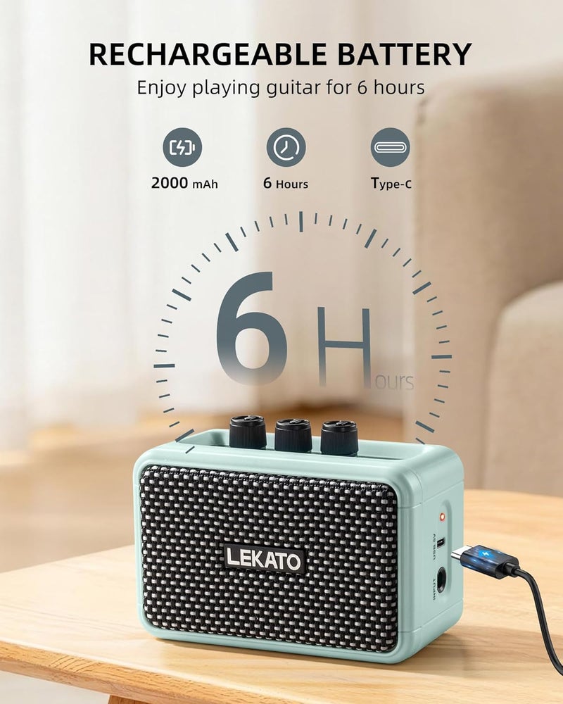 LEKATO Mini Guitar Amplifier, Dual Speakers 5W, Rechargeable Electric Guitar Amp Bluetooth with Clean Overdrive, 6H Working, Headphone Jack, Wireless Portable Small Amp for Practice, Traveling (Blue) - Image 3